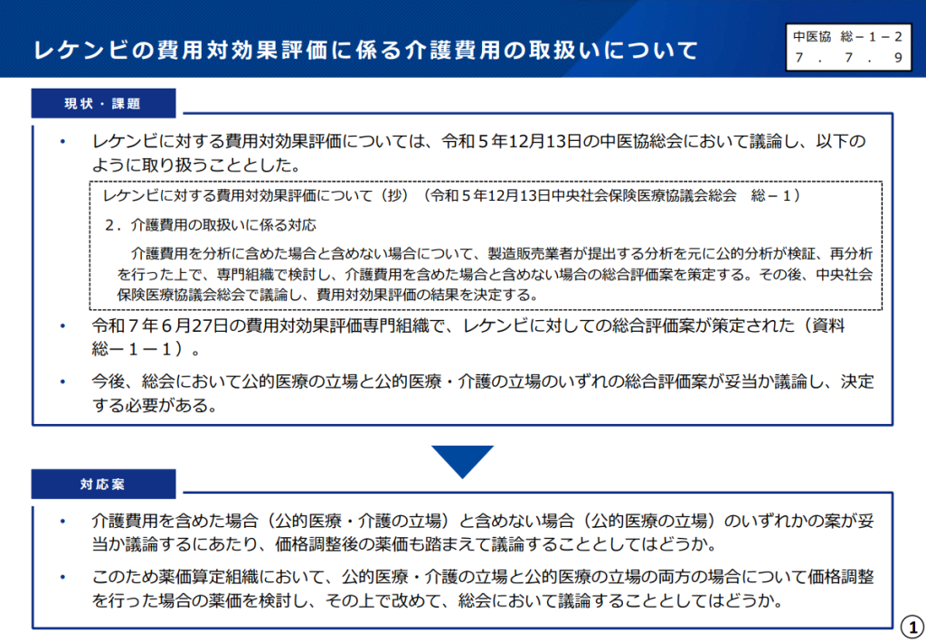 レケンビの費用対効果評価に係る介護費用の取扱いについて